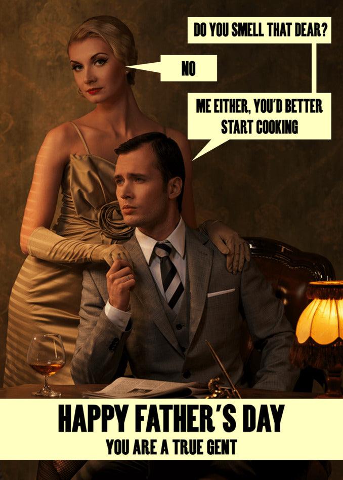 Description: A True Gent Funny Father's Day Card by Twisted Gifts in a suit and woman in a dress.