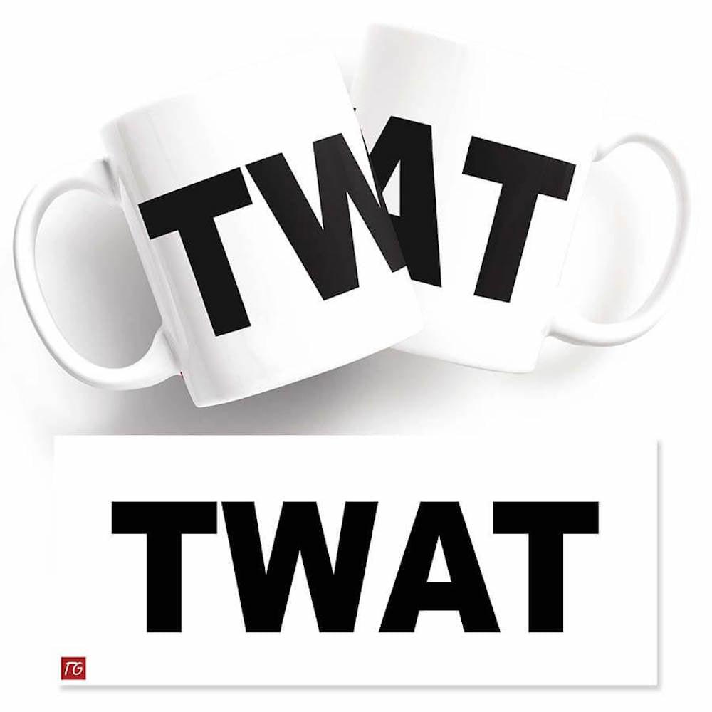 Two perfect Twat Mugs with the word twt on them from Twisted Gifts.