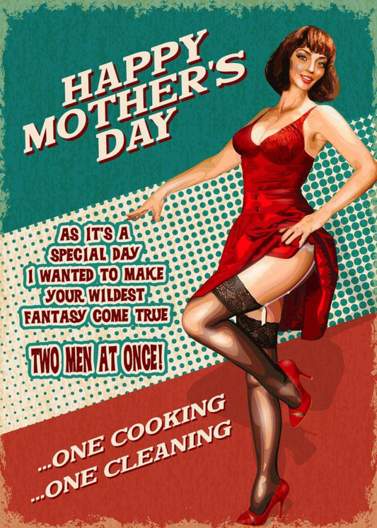 A Two Men Funny Mother's Day Card from Twisted Gifts with a woman in stockings.