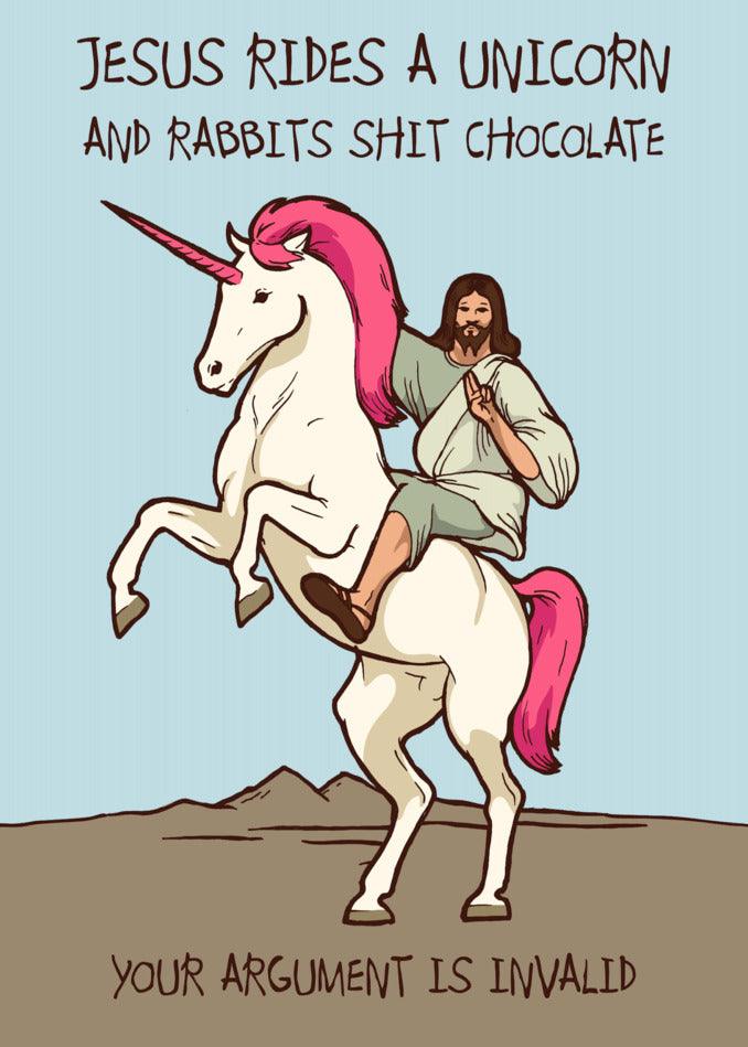 Unicorn Jesus Rude Easter Card: Jesus rides a unicorn and rabbits shit chocolate in this hilarious design by Twisted Gifts.