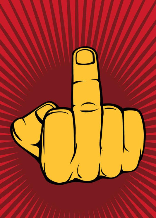 A hand with a thumbs up sign on a red background, creating a funny and twisted twist on the Up Yours Rude Greeting Card by Twisted Gifts.