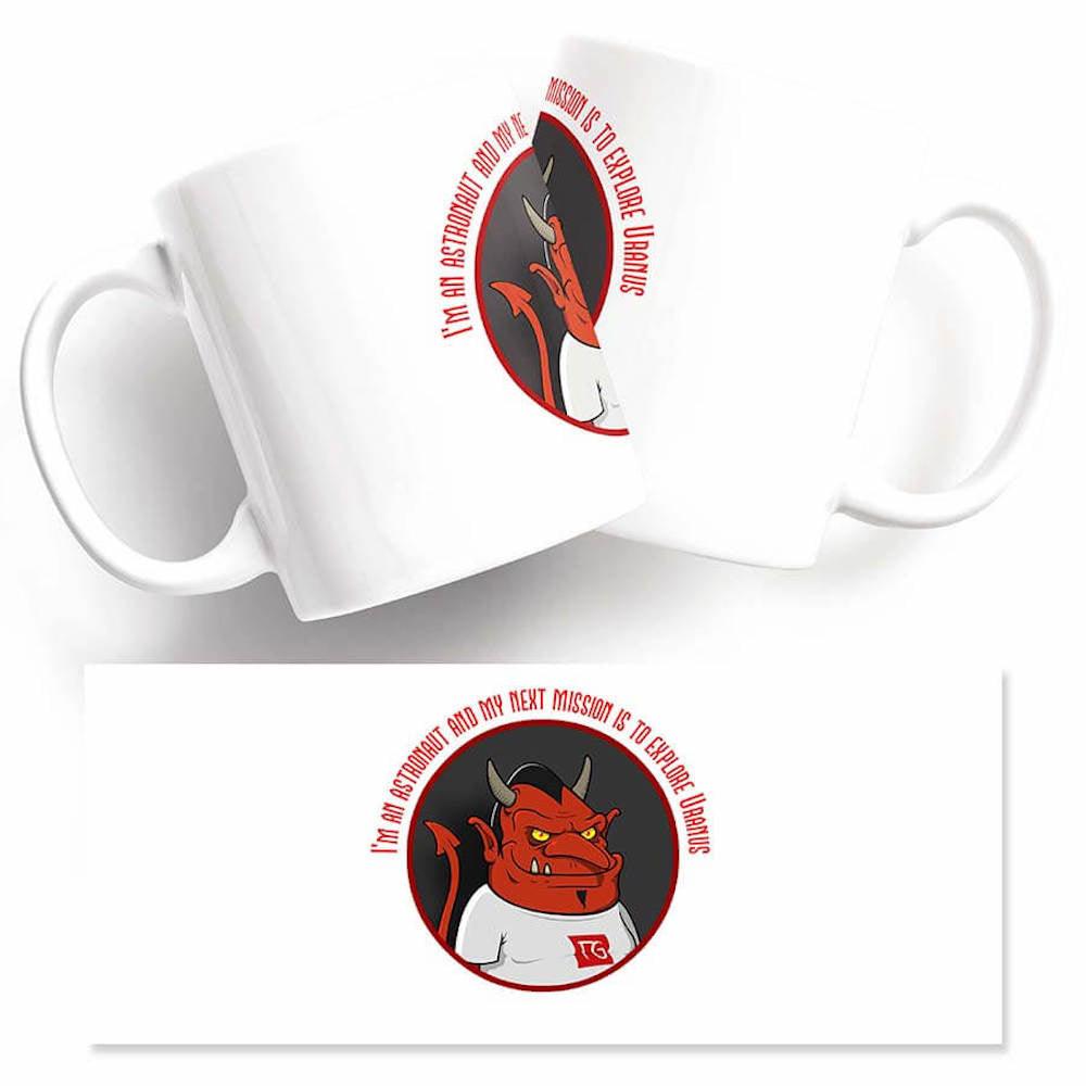 A white Uranus Mug with a red devil on it, perfect as a funny Twisted Gifts.