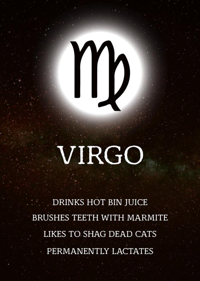 The Twisted Gifts Virgo Rude Star Sign Card with the moon in the background.