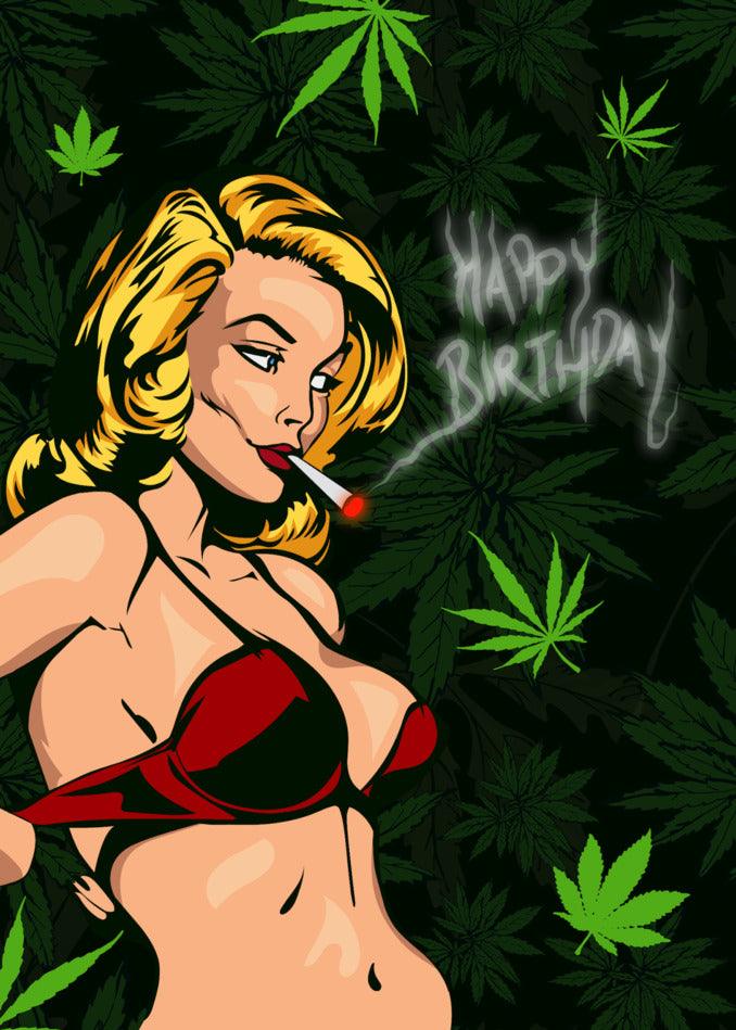 A Twisted Gifts Weed Funny Birthday Card depicting a woman in a bikini smoking a cigarette.