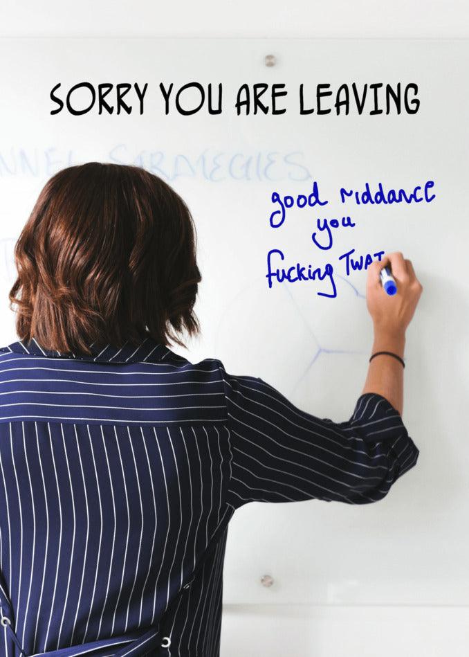 A woman writing Twisted Gifts' White Board Rude Farewell Card.