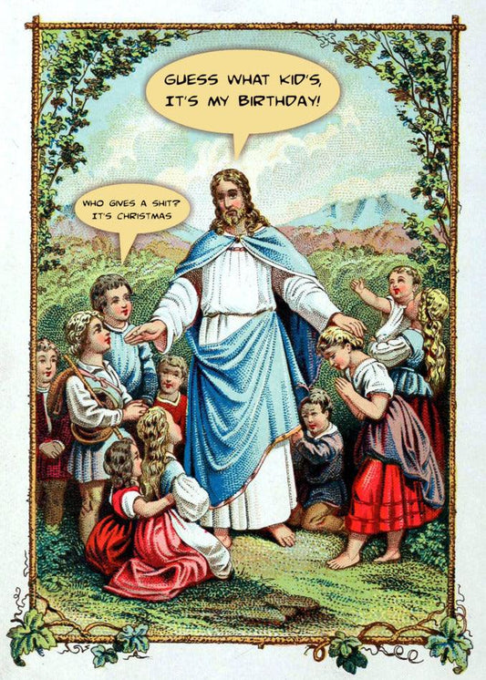 A vintage Who Gives A Shit Funny Christmas Card featuring Jesus surrounded by playful children, creating a fun and heartfelt Twisted Gift for any occasion.