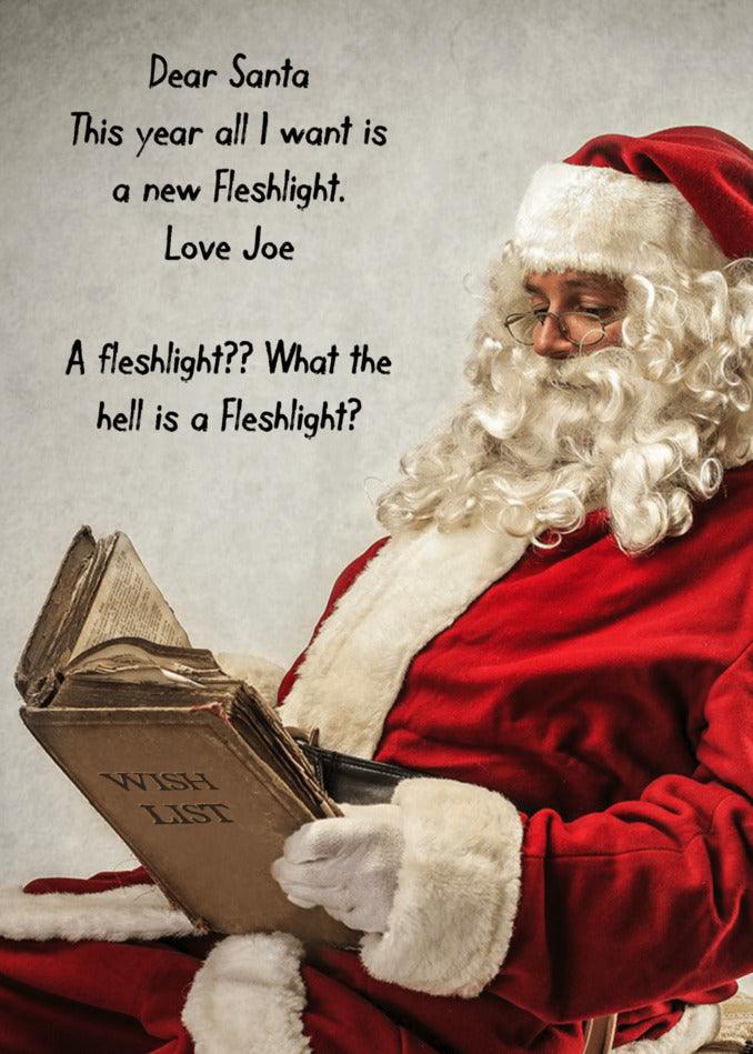 Santa Claus reading a Wish List Rude Christmas Card by Twisted Gifts.