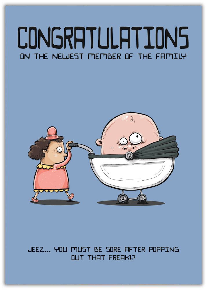 congratulations Freak baby with very large head in pram being pushed by a woman