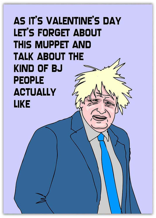 cartoon image of Boris in a blue jacket grey shirt and pale blue tie on lilac background with black text