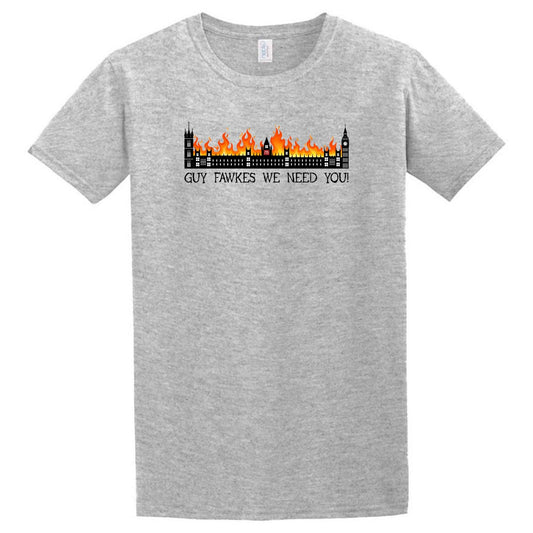 A Guy Fawkes T-Shirt from Twisted Gifts with a fire in the sky.