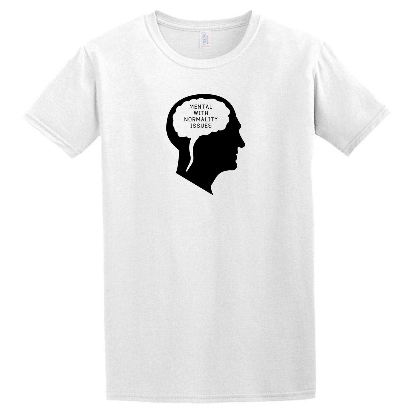A Twisted Gifts Normality T-Shirt with a silhouette of a man's head.