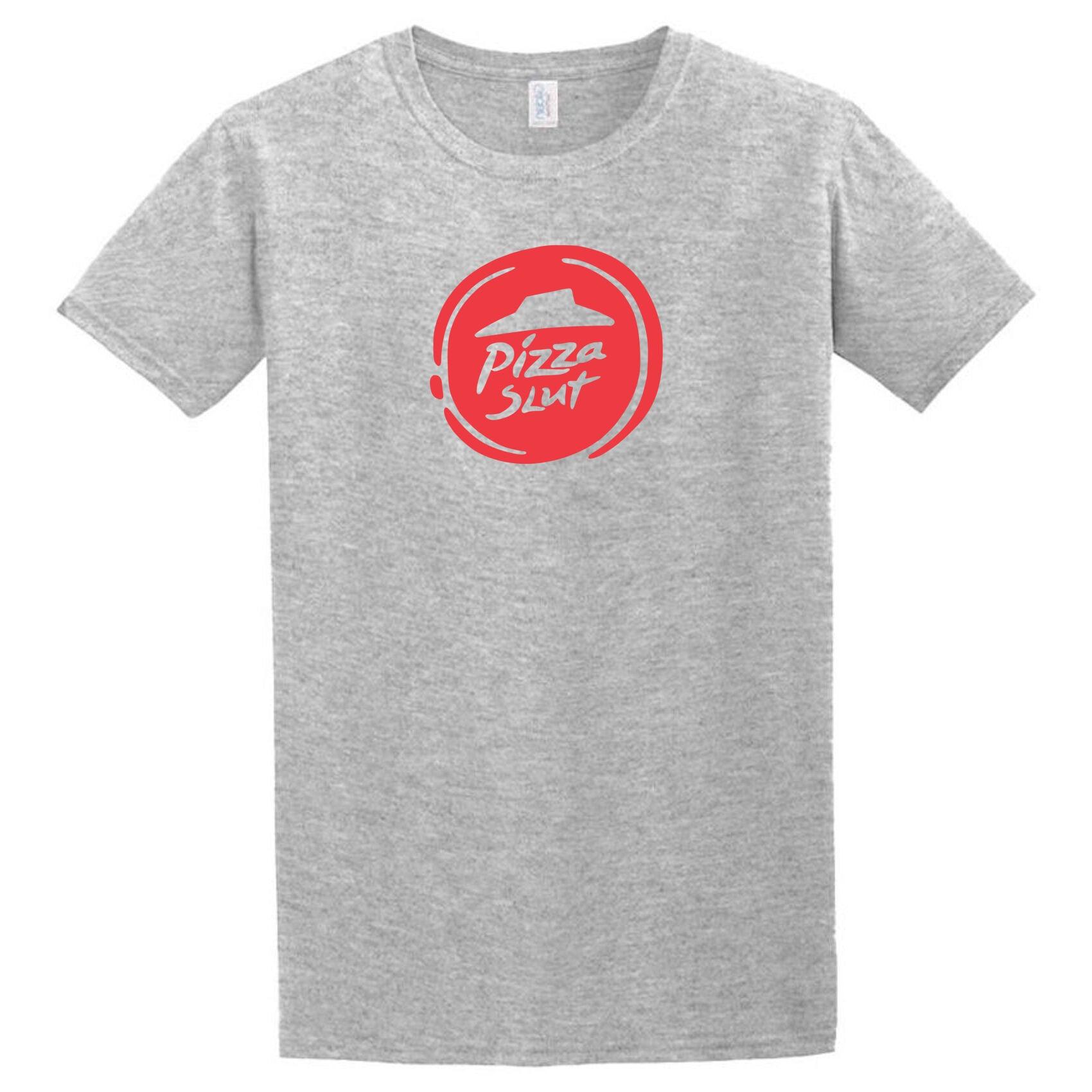 A gray Pizza Slut T-Shirt with a red Twisted Gifts logo on it.