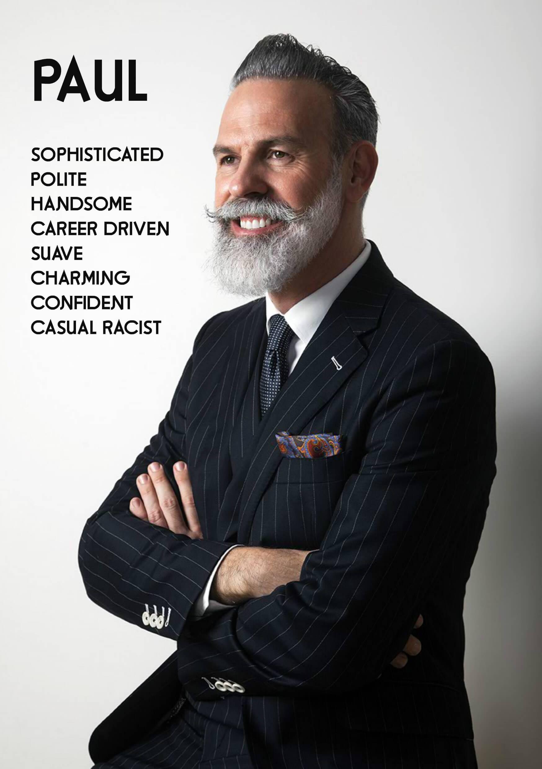 A man in a suit with a beard, featured on a Twisted Gifts greeting card named Suave Paul.