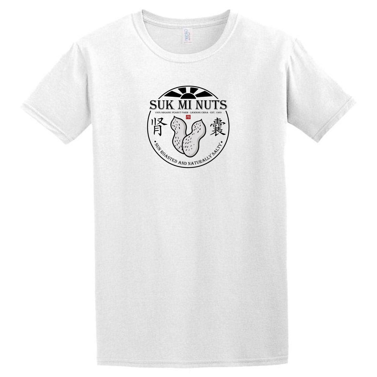 A white Suk Mi Nuts T-Shirt with a chinese logo on it by Twisted Gifts.