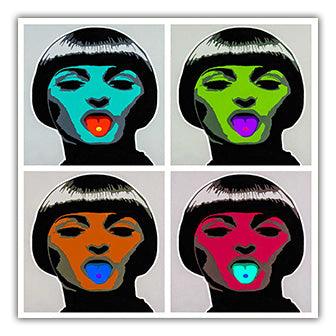 A Twisted Gifts Tongue Coaster featuring a pop art print of a woman with different colored lips.