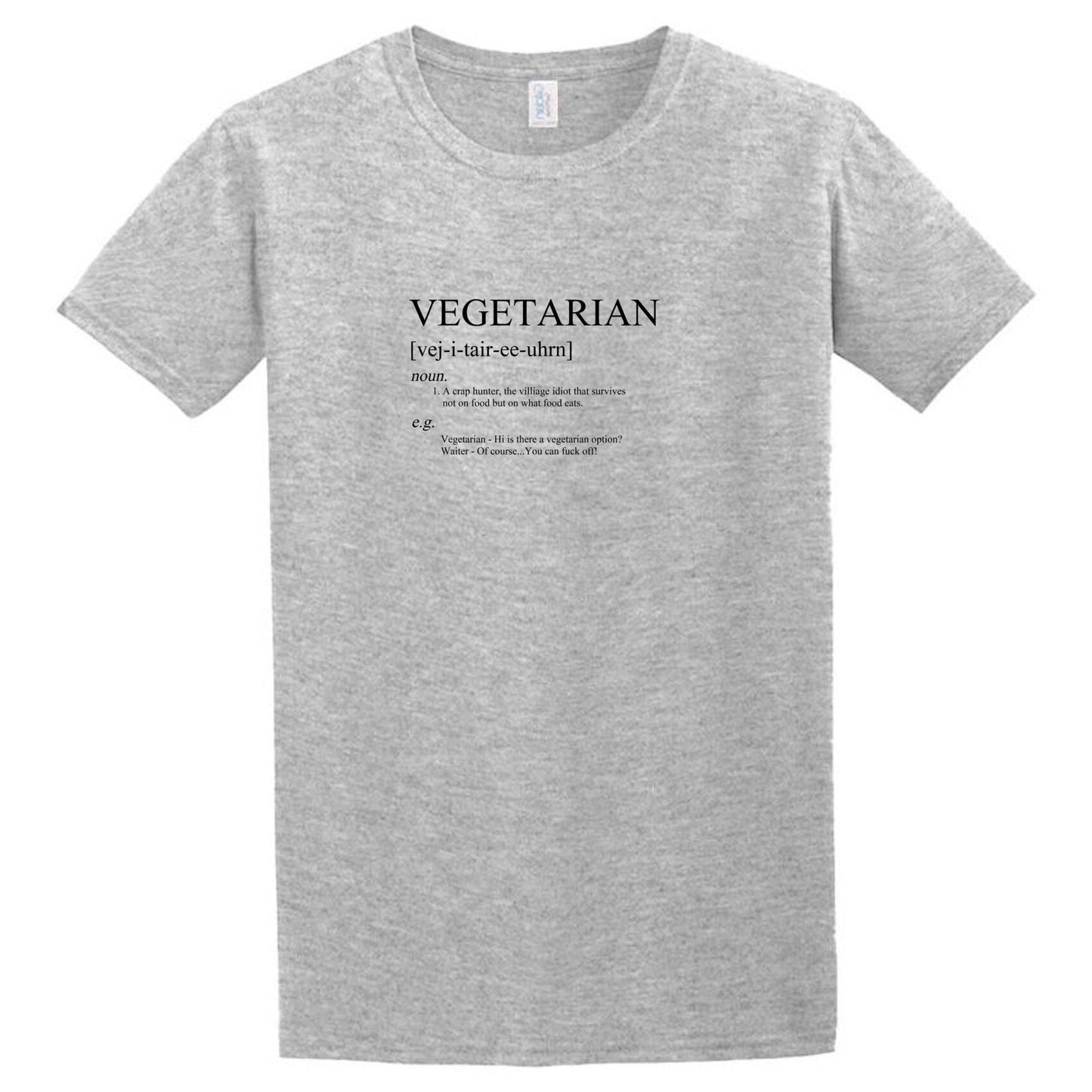 A grey Vegetarian T-Shirt that says vegetarian, made by Twisted Gifts.